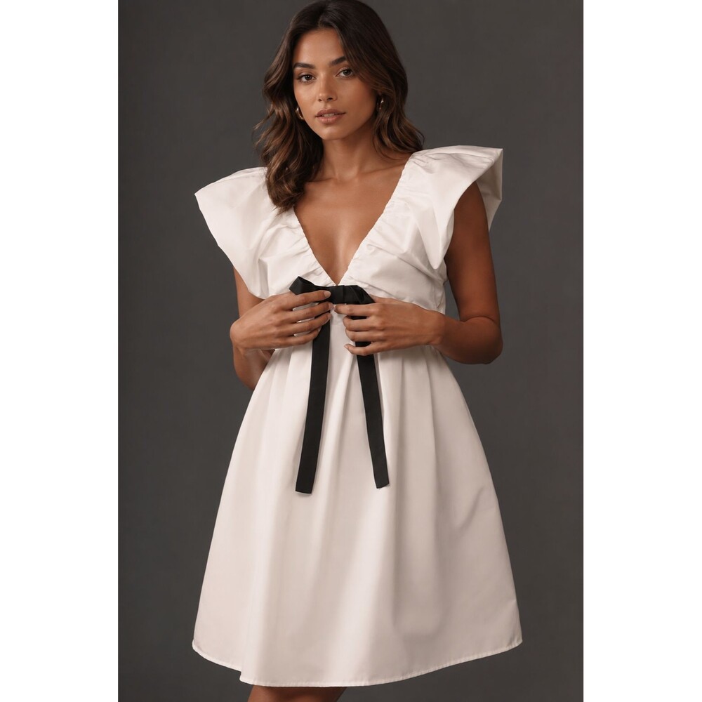 ANTHROPOLOGIE ENDLESS ROSE Women's LARGE New Mini Dress White Flutter Sleeve Bow
